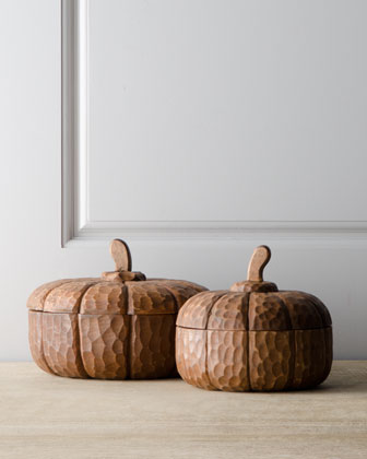 Two Wooden Pumpkin Dishes   The Horchow Collection